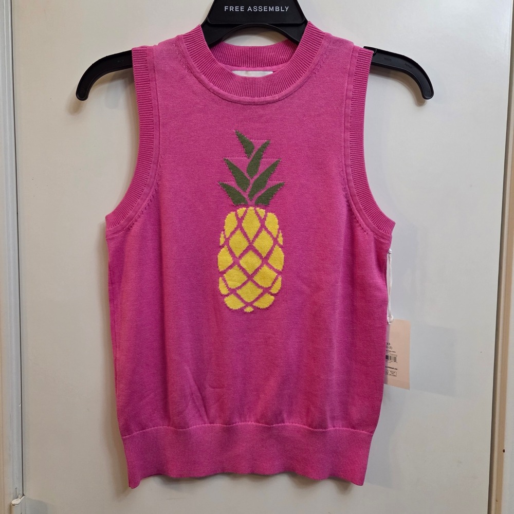 Free Assembly Pink Pineapple Intarsia Knit Sweater Vest Sleeveless Crew Neck XS